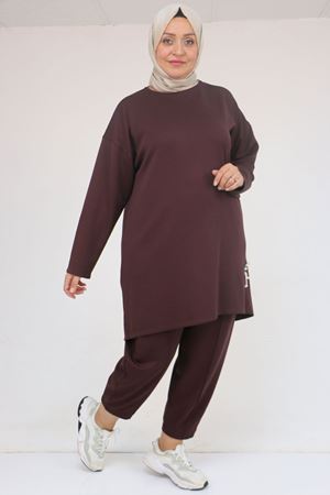 47095 Büyük Beden Yan Tarafı Arma Detaylı Modal Pantolonlu Takım - Kahve