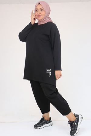 47095 Büyük Beden Yan Tarafı Arma Detaylı Modal Pantolonlu Takım - Siyah