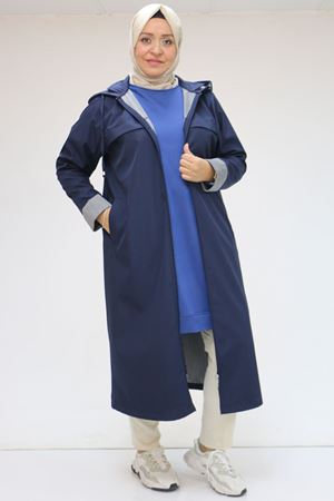 33068 Büyük Beden Kapüşonlu Bondit Kap-Lacivert