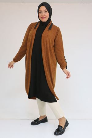 33056 Büyük Beden Petek Triko Waterport Detaylı Ceket -Taba