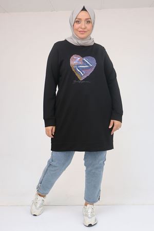 58141 Büyük Beden Önünde Kalp Baskılı Modal Tunik - Siyah