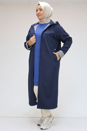 33068 Büyük Beden Kapüşonlu Bondit Kap-Lacivert