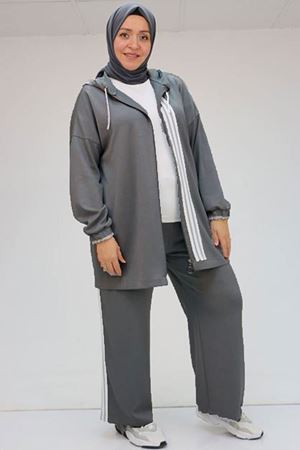 47058 Büyük Beden Şerit Detaylı Modal Pantolonlu Takım - Antrasit