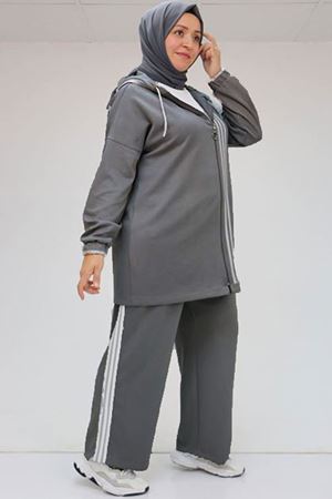 47058 Büyük Beden Şerit Detaylı Modal Pantolonlu Takım - Antrasit