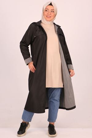 33068 Büyük Beden Kapüşonlu Bondit Kap-Siyah