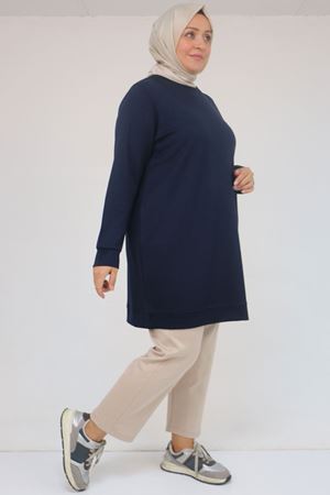 F-58142 Büyük Beden Kolları Manşetli Modal Tunik - Lacivert
