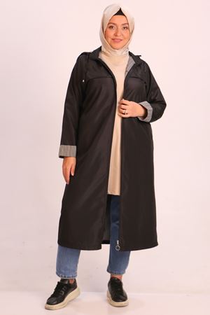 33068 Büyük Beden Kapüşonlu Bondit Kap-Siyah