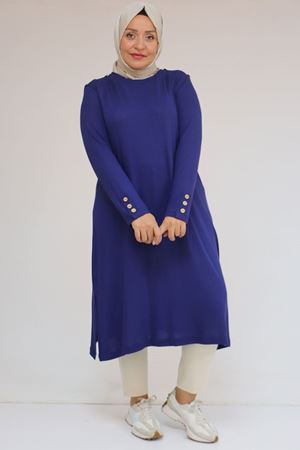 58116 Büyük Beden Kol Ve Omzu Düğme Detaylı Çilek Tunik - İndigo