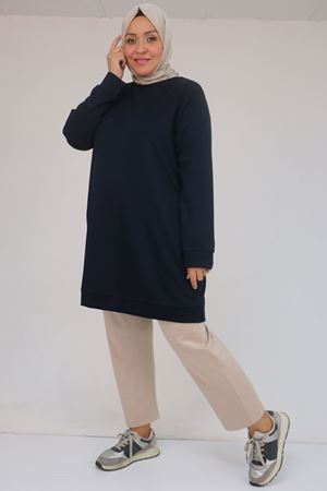F-58142 Büyük Beden Kolları Manşetli Modal Tunik - Lacivert