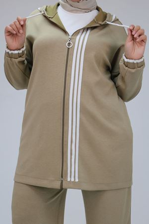 47058 Büyük Beden Şerit Detaylı Modal Pantolonlu Takım - BEJ