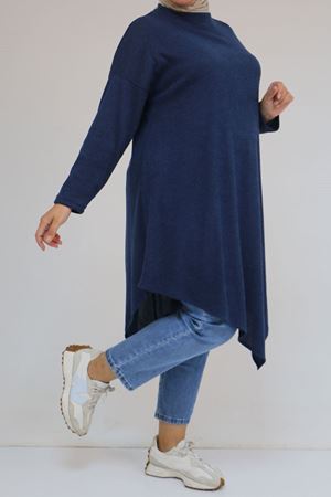 58144 Büyük Beden Hakim Yakalı Mir Tunik - İndigo