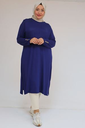 58116 Büyük Beden Kol Ve Omzu Düğme Detaylı Çilek Tunik - İndigo