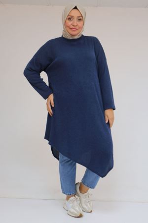 58144 Büyük Beden Hakim Yakalı Mir Tunik - İndigo