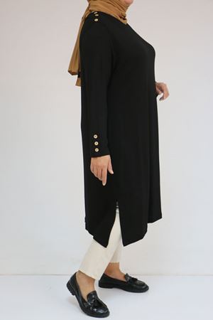 58116 Büyük Beden Kol Ve Omzu Düğme Detaylı Çilek Tunik - Siyah