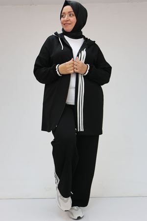 47058 Büyük Beden Şerit Detaylı Modal Pantolonlu Takım - Siyah