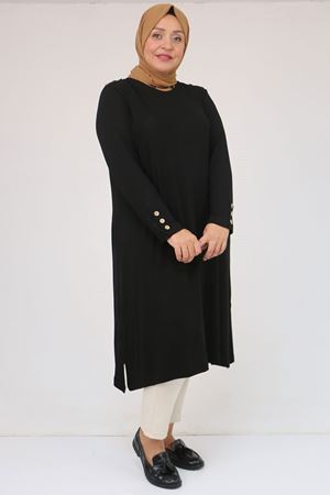 58116 Büyük Beden Kol Ve Omzu Düğme Detaylı Çilek Tunik - Siyah