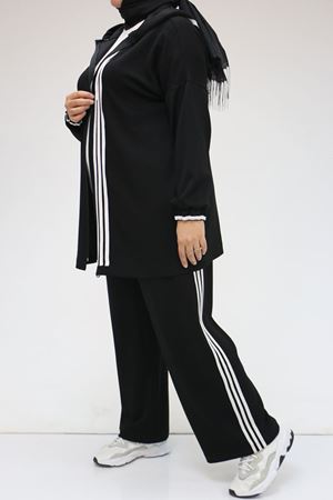 47058 Büyük Beden Şerit Detaylı Modal Pantolonlu Takım - Siyah