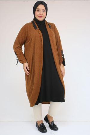 33056 Büyük Beden Petek Triko Waterport Detaylı Ceket -Taba