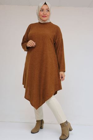 58144 Büyük Beden Hakim Yakalı Mir Tunik - Taba