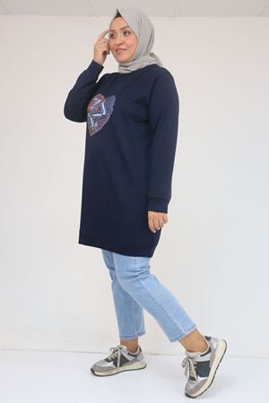 58141 Büyük Beden Önünde Kalp Baskılı Modal Tunik - Lacivert