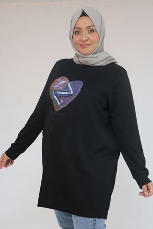 58141 Büyük Beden Önünde Kalp Baskılı Modal Tunik - Siyah
