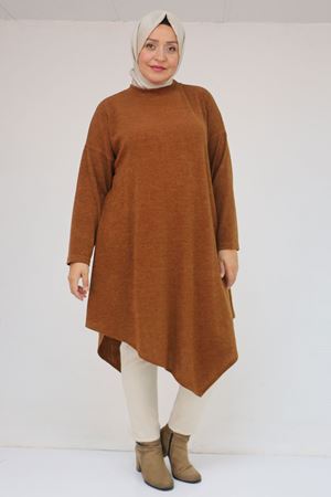 58144 Büyük Beden Hakim Yakalı Mir Tunik - Taba