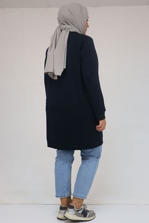 58141 Büyük Beden Önünde Kalp Baskılı Modal Tunik - Lacivert
