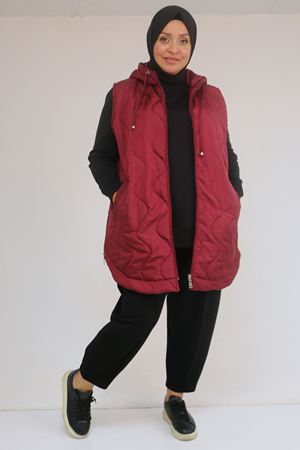 44007 Büyük Beden Yanı Yırtaçlı Oval Kesim Kapitone Yelek - Bordo