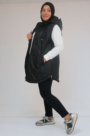 44007 Büyük Beden Yanı Yırtaçlı Oval Kesim Kapitone Yelek - Siyah