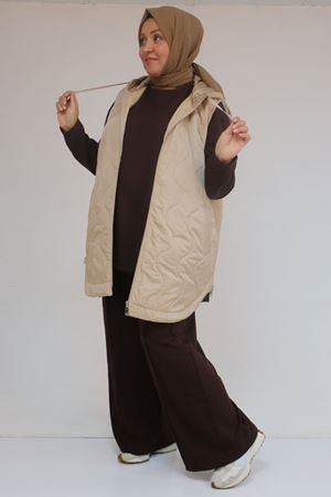 44007 Büyük Beden Yanı Yırtaçlı Oval Kesim Kapitone Yelek - Vizon