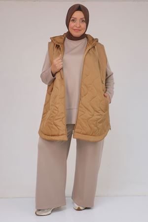 44007 Büyük Beden Yanı Yırtaçlı Oval Kesim Kapitone Yelek - Taba