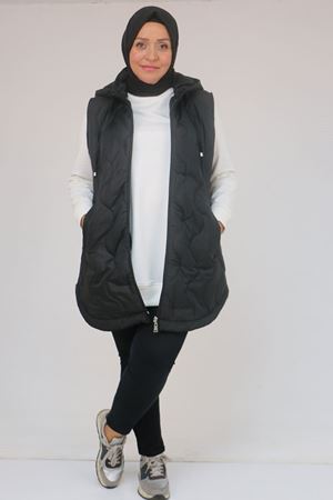 44007 Büyük Beden Yanı Yırtaçlı Oval Kesim Kapitone Yelek - Siyah