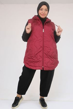 44007 Büyük Beden Yanı Yırtaçlı Oval Kesim Kapitone Yelek - Bordo