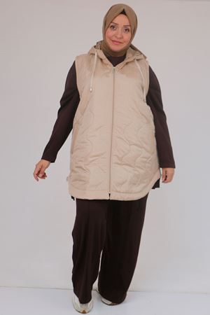 44007 Büyük Beden Yanı Yırtaçlı Oval Kesim Kapitone Yelek - Vizon