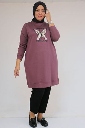 58145 Büyük Beden Kelebek Baskılı Modal Tunik - Gül Kurusu