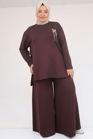57043 Büyük Beden Yanı Yırtmaçlı Modal Pantolonlu Takım - Kahve