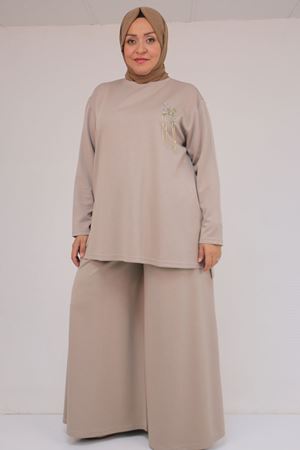 57043 Büyük Beden Yanı Yırtmaçlı Modal Pantolonlu Takım - Vizon