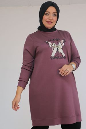 58145 Büyük Beden Kelebek Baskılı Modal Tunik - Gül Kurusu