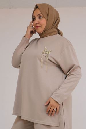 57043 Büyük Beden Yanı Yırtmaçlı Modal Pantolonlu Takım - Vizon