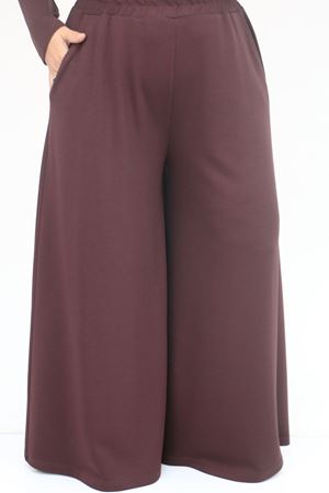 57043 Büyük Beden Yanı Yırtmaçlı Modal Pantolonlu Takım - Kahve