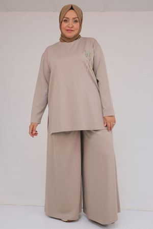 57043 Büyük Beden Yanı Yırtmaçlı Modal Pantolonlu Takım - Vizon