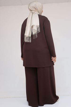 57043 Büyük Beden Yanı Yırtmaçlı Modal Pantolonlu Takım - Kahve
