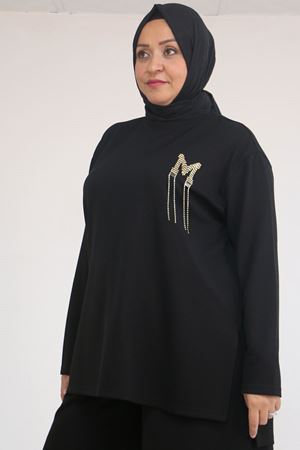 57043 Büyük Beden Yanı Yırtmaçlı Modal Pantolonlu Takım - Siyah