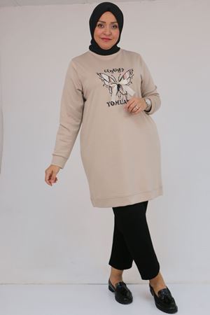58145 Büyük Beden Kelebek Baskılı Modal Tunik - Vizon