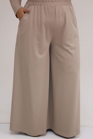 57043 Büyük Beden Yanı Yırtmaçlı Modal Pantolonlu Takım - Vizon