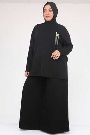 57043 Büyük Beden Yanı Yırtmaçlı Modal Pantolonlu Takım - Siyah