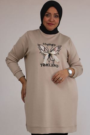 58145 Büyük Beden Kelebek Baskılı Modal Tunik - Vizon