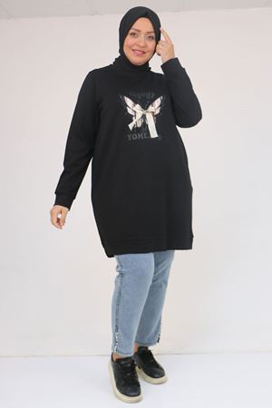 58145 Büyük Beden Kelebek Baskılı Modal Tunik - Siyah