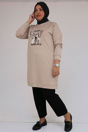 58145 Büyük Beden Kelebek Baskılı Modal Tunik - Vizon