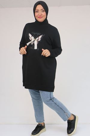 58145 Büyük Beden Kelebek Baskılı Modal Tunik - Siyah